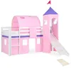 Image de Lit mezzanine pour enfants 90 x 200 cm blanc avec rideau rose Tunnel Tour Toboggan Avec sommier à lattes