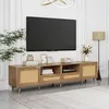Image de Meuble TV 200 cm en rotin Style campagnard Banc tv en bois 2 portes 2 tiroirs 2 compartiments pour salon ou pour la chambre Brun