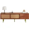 Image de Meuble TV 160cm rangement pour salon avec 2 portes coulissantes en rotin et 2 tiroirs utilitaires pieds en bois massif marron