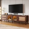 Image de Meuble TV Moderne 180×40×50 cm - 2 Tiroirs en Rotin - 2 Portes Vitrées - LED - Bois - Marron