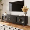 Image de Meuble TV 175cm - poignées dorées - 4 portes + 2 tiroirs - avec portes en rotin et pieds en métal - noir