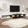 Image de Meuble TV à longueur réglable (140-260 cm) - 3 portes abattantes - Aspect marbre blanc - Noir + Blanc