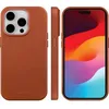 Image de Coque pour iPhone 15 Pro en cuir marron clair - DBRAMANTE1928 - Résistante aux chocs et compatible MagSafe