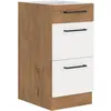 Image de ROCK - Meuble bas casserolier - Mélaminé chêne Lancelot et Blanc brillant - 40 cm - 3 tiroirs - Plan de travail non inclus