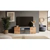 Image de Meuble TV / Meuble de salon - BROS - 140 cm - chêne wotan / gris brillant - avec LED - 2 niches ouvertes - 4 compartiments fermés