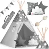 Image de Tente tipi pour enfant - Nukido - Gris à étoiles - Guirlande lumineuse incluse - Matériaux naturels