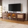 Image de MODFU Meuble TV marron 180x40x50 cm avec 2 tiroirs en rotin 2 portes vitrées cintrées et 1 porte en rotin meuble TV LED