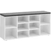 Image de VASAGLE Banc à Chaussures avec Coussin Rembourré 10 Compartiments Étagères Réglables 30 x 104 x 48 cm Blanc et Gris