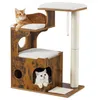 Image de FEANDREA Arbre à chat Hauteur de 88 cm 3 plate-formes1 grotte panneau MDF Style vintage brun rustique et blanc