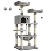 Image de Arbre à Chat 141.8 cm avec 11 Poteaux à Griffer 2 Plateformes 1 Niche 1 Hamac 2 Pompons en Peluche Gris Tourterelle