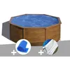 Image de Kit piscine acier aspect bois Gré Sicilia ronde 3 70 x 1 22 m + Bâche à bulles + Tapis de sol