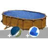 Image de Kit piscine acier aspect bois Gré Mauritius ovale 527 x 327 x 132 m + Bâche hiver + Bâche à bulles