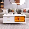 Image de MODFU Meuble TV et table basse blanc avec éclairage LED variable 6 tiroirs et 4 portes en verre trempé poignées et pieds dorés