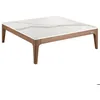 Image de Table basse carrée bois noyer et plateau en marbre céramique blanc Mykal