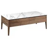 Image de Table basse 2 tiroirs bois noyer et plateau en marbre céramique blanc Mykal