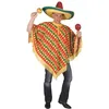 Image de Poncho - GENERIQUE - Mexicain - Adulte - Rayures obliques - Motifs piments et sombreros
