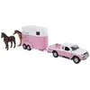 Image de Jouet voiture cheval - Kids Globe - Mitsubishi L 200 - Rose/Blanc - Remorque à chevaux - 27 cm