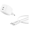 Image de Belkin BoostCharge Pro - Adaptateur secteur - GaN - 50 Watt - Fast Charge - 2 connecteurs de sortie (2 x USB-C) - blanc - avec câble USB-C (1 m)