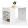 Image de IDMarket Ilot central mange-debout 4 personnes VITO 130 cm blanc et plateau marbre ALASKA