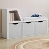 Image de IDMarket Bibliothèque banc OSCAR 4 cases avec coussins gris et bacs tissus 102 cm blanc