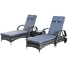 Image de Outsunny Lot De 2 Transats Bains De Soleil Grand Confort : Matelas, T?Ti?Re, Inclinaison R?Glable Multipositions, Accoudoirs, Roulettes + Table Basse Verre Tremp? R?Sine Tress?E Gris