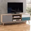 Image de CUBA Meuble TV scandinave decor chene gris blanc et bleu petrole - L 150 cm