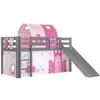 Image de Vipack Lit Enfant Surlev Avec Toboggan Pino Gris + Rideau + Tunnel De Lit+ 3 Pochettes Princess