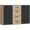 Image de Buffet PILVI - Style contemporain - Particules mélaminées - Décor chêne et noir - 2 portes + 4 tiroirs - L 122,6 x P 34,2 x H 81,7 cm
