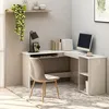 Image de vidaXL Bureau D'angle En L 120x140x75cm, Blanc Brillant, Plateau Coulissant Pour Clavier, 2 Étagères