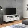 Image de vidaXL Meuble TV avec pieds en métal Blanc Bois de pin massif OSLO351026