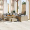Image de Ensemble De Canapé De Jardin De 13 Pièces Avec Coussins Beige Rattan Poly Acacia, Ensemble De Salle À Manger De Jardin De 3 Pièces Avec Coussins Beige Rattan Poly Acacia