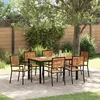 Image de vidaXL Ensemble salle à manger jardin vidaXL poly rotin noir et acacia 7 pièces, Chaises jardin empilables vidaXL 2 pcs avec coussins en poly rotin noir, Table jardin vidaXL 150x90x75 cm en bois acacia solide et métal