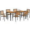Image de Ensemble De Salle À Manger De Jardin 7 Pièces En Poly Rattan Noir Acacia, Chaises De Jardin Empilables Avec Coussins 2 Pcs En Poly Rattan Noir, Table De Jardin 180x90x75 Cm En Bois Acacia Et Métal