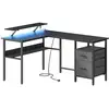 Image de Bureau en L avec multiprise avec rehausseur d'écran, Noir Boisé LWD095B01