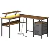 Image de Bureau en L avec multiprise avec rehausseur d'écran, Marron Rustique LWD095K01