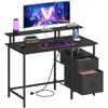 Image de Bureau avec multiprise, ports USB, support d'écran et tiroirs, Noir Boisé / 120L cm LWD093B01