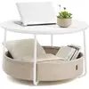 Image de Table basse ronde avec panier de rangement en tissu, Blanc Mat + Marron Camel LCT244W10