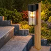 Image de Lampe d'extérieur lampadaire de chemin d'accès, moderne, maison de campagne, aspect bois, verre fumé, acier inoxydable, noir, E27, LxlxH 14,5x9x50 cm