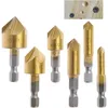 Image de 6pcs hss Fraise à chanfreiner 90 degrés 5 Flûte Fraises à chanfreiner Trou tailleur Titane revêtu Fraise à chanfreiner 1/4'Foret à bois queue