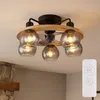 Image de Ventilateur de plafond avec télécommande plafonnier ventilateur en bois lampe ventilateur rétro verre fumé, verre métal, 5x E27, DxH 55x21,5 cm