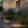 Image de Décoration de jardin Roue à vent led Lampe solaire Lampe de terrasse Lampe extérieure Piquet de terre, or bleu antique, verre brisé, LxH 22,5 x 92