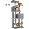 Image de Feandrea Krabpaal, 155 cm hoog, kattenboom met 5 krabzuilen, 2 platforms, 2 kattenholletjes, hangmat, 2 pluche ballen, pluche, meerlaags design, lichtgrijs