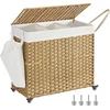 Image de SONGMICS Wasmand met deksel, 160 L, wasverzamelaar 3 compartimenten, wassorteerder met wielen, in rotan look, waszak verwijderbaar, voor wasruimte, 70 x 36 x 66 cm, Natuurlijke kleuren