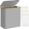 Image de SONGMICS Wasmand met 3 vakken, 150 l, wasmand met deksel, opvouwbaar, afneembare waszak, Oxford stof, bamboe handvatten, 60 x 38,5 x 70,5 cm, duifgrijs