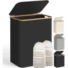 Image de SONGMICS Wasmand met deksel - wasmand met 2 compartimenten - 130 liter - uitneembare waszak - Oxford-stof - bamboe handgrepen - opvouwbaar - 52 x 38,5 x 70,5 cm - inktzwart