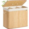Image de SONGMICS Wasmand met deksel, 3 compartimenten, 170 liter, bamboe wasmand, opvouwbaar, afneembaar en machinewasbaar, waszak met handgrepen, voor wasruimte, slaapkamer, natuurlijke kleur LCB013Y01