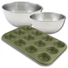 Image de Zenker 9368850 Set 4 stuks Bakvorm voor 12 Muffins 38,5 x 26,5 cm, Anti-aanbaklaag ILAG en Carnaubawas, 2 Mengkommen van Roestvrij Staal 20,5 en 25 cm, Siliconen Bakspatel, Groen, RVS, Roze