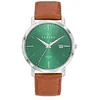 Image de Certus-model 611198-horloge-heren-datum-zilverkleurig-cognac kleurig lederen band-groene wijzerplaat-diameter 39 mm-5 atm waterdicht-gemaakt in Frankrijk
