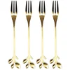 Image de Home Deco Factory Gebaksvorkjes Leaf - 4x stuks - goud - RVS - 13 cm - vorken - dessert vorkjes