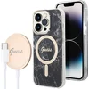 Image de GUESS, Bundel Hoesje Geschikt voor Apple iPhone 14 Pro Marble Pattern en Qi Magsafe 15W draadloze oplader, Zwart
